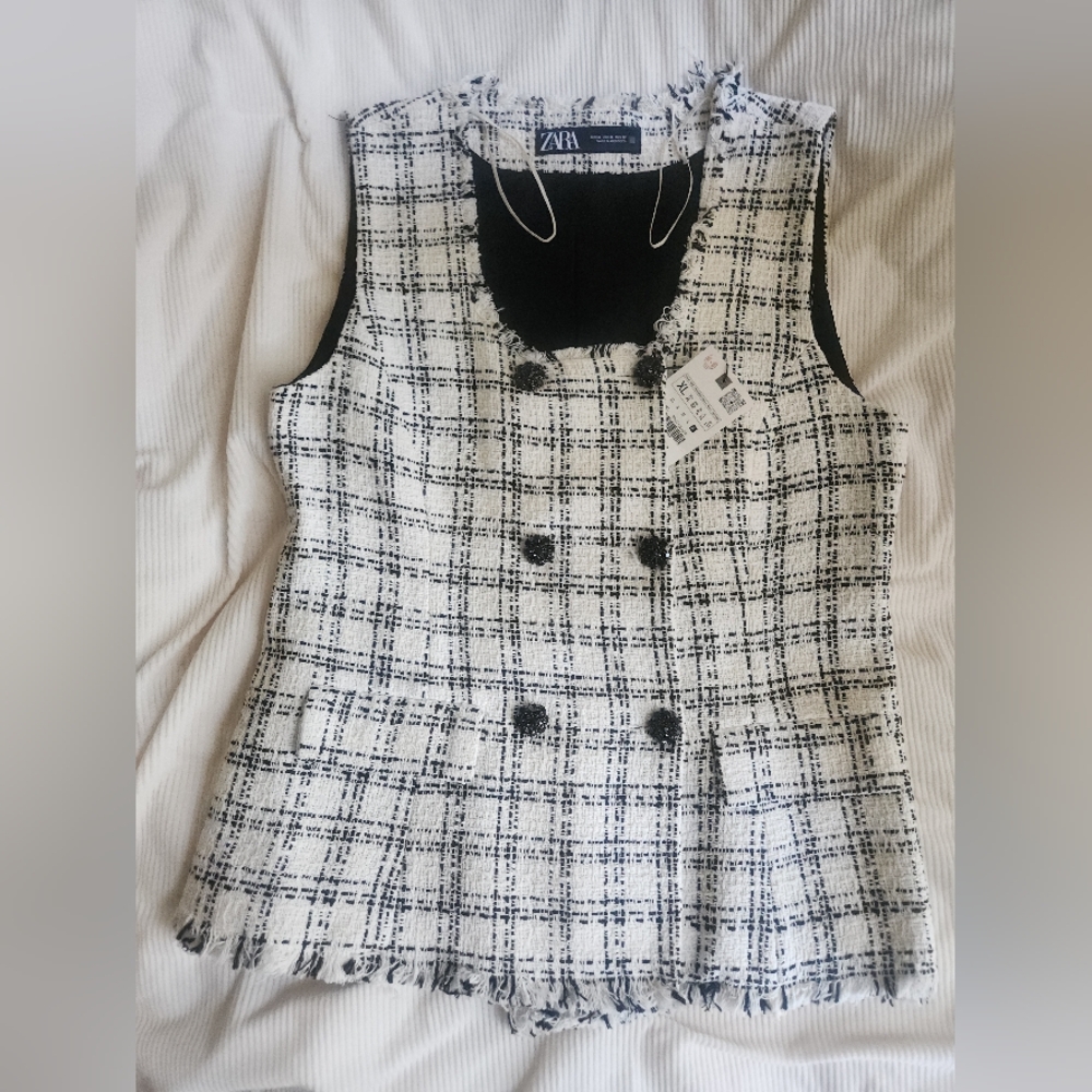 ZARA Textured Plaid Waistcoat Vest Ecru/black BNWT. - Picture 15 of 16